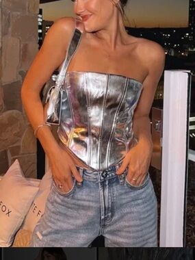 White Fox Metallic Silver Strapless Corset Top Bustier S